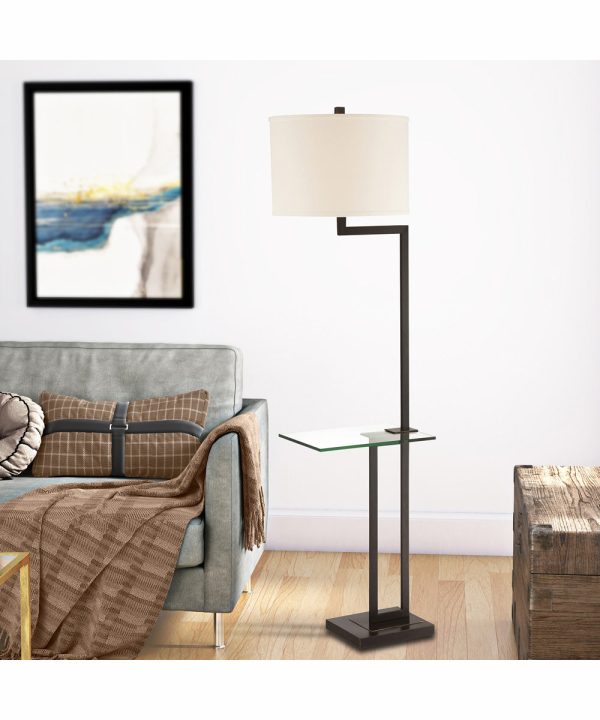 Rudko 1-Light Floor Lamp With Glass Table D.Bronze Linen Shade Hot on Sale