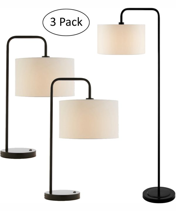 Orea 1-Light 3Pcs Floor & Table Lamp Set Black Linen Shade Online now