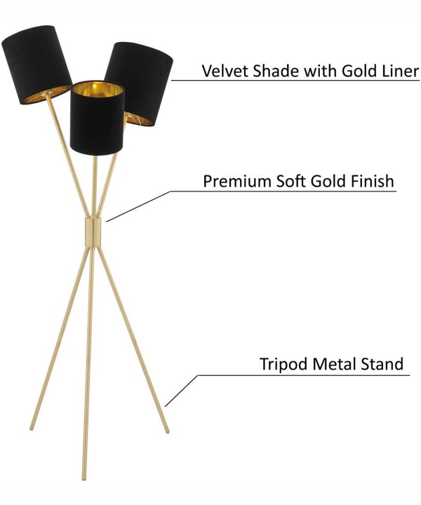 Crisanta 3-Light 3-Light Floor Lamp Gold Black Velvet Shade Online Hot Sale