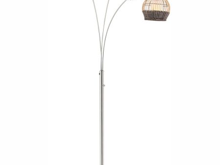 Kaylor 3-Light 3-Light Arc Lamp Brushed Nickel Outer Rattan&Inner Fabric Shade For Sale