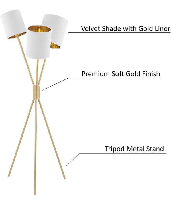 Crisanta 3-Light 3-Light Floor Lamp Gold White Velvet Shade Sale