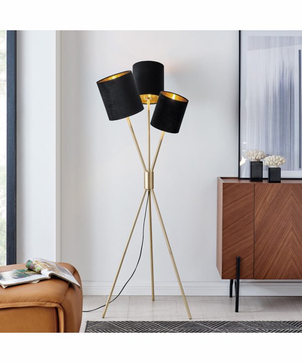 Crisanta 3-Light 3-Light Floor Lamp Gold Black Velvet Shade Online Hot Sale