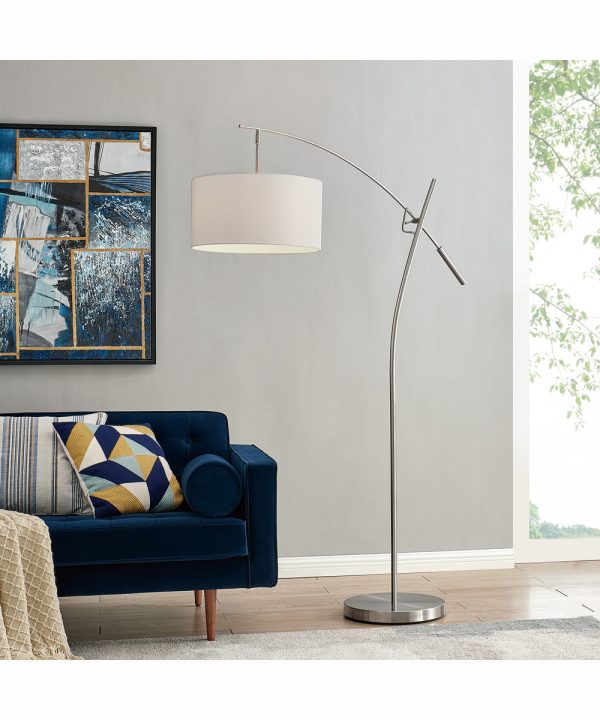 Pollux 1-Light Floor Lamp Brushed Nickel White Fabric Shade Fashion