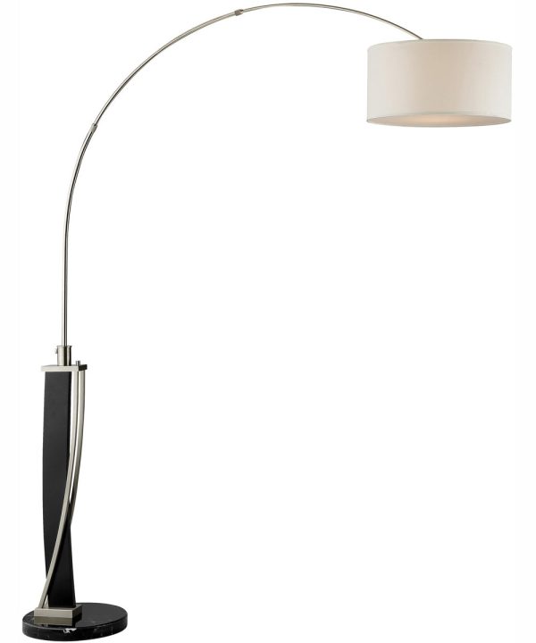 Estella 1-Light Arch Lamp Dark Walnut Brushed Nickel White Fabric Shade Hot on Sale