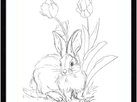 Bunny Sketch with Tulips by Jodi Augustine Wood Framed Wall Art Print (21  W x 25  H), Svelte Noir Black Frame Online Sale