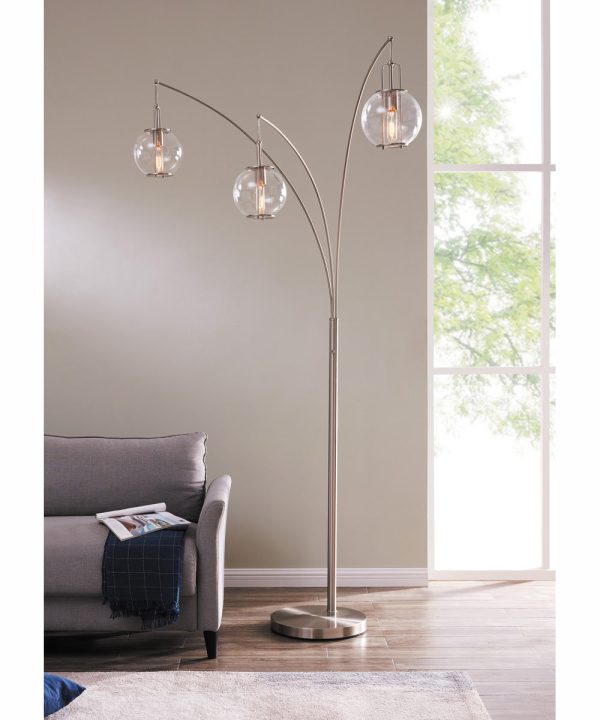 Kaira 3-Light 3-Light Arch Lamp Brushed Nickel Clear Glass Shade Hot on Sale